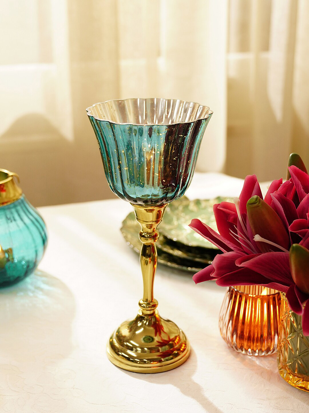Pure Home and Living Blue & Golden Small Candle Holder with Metal Stand