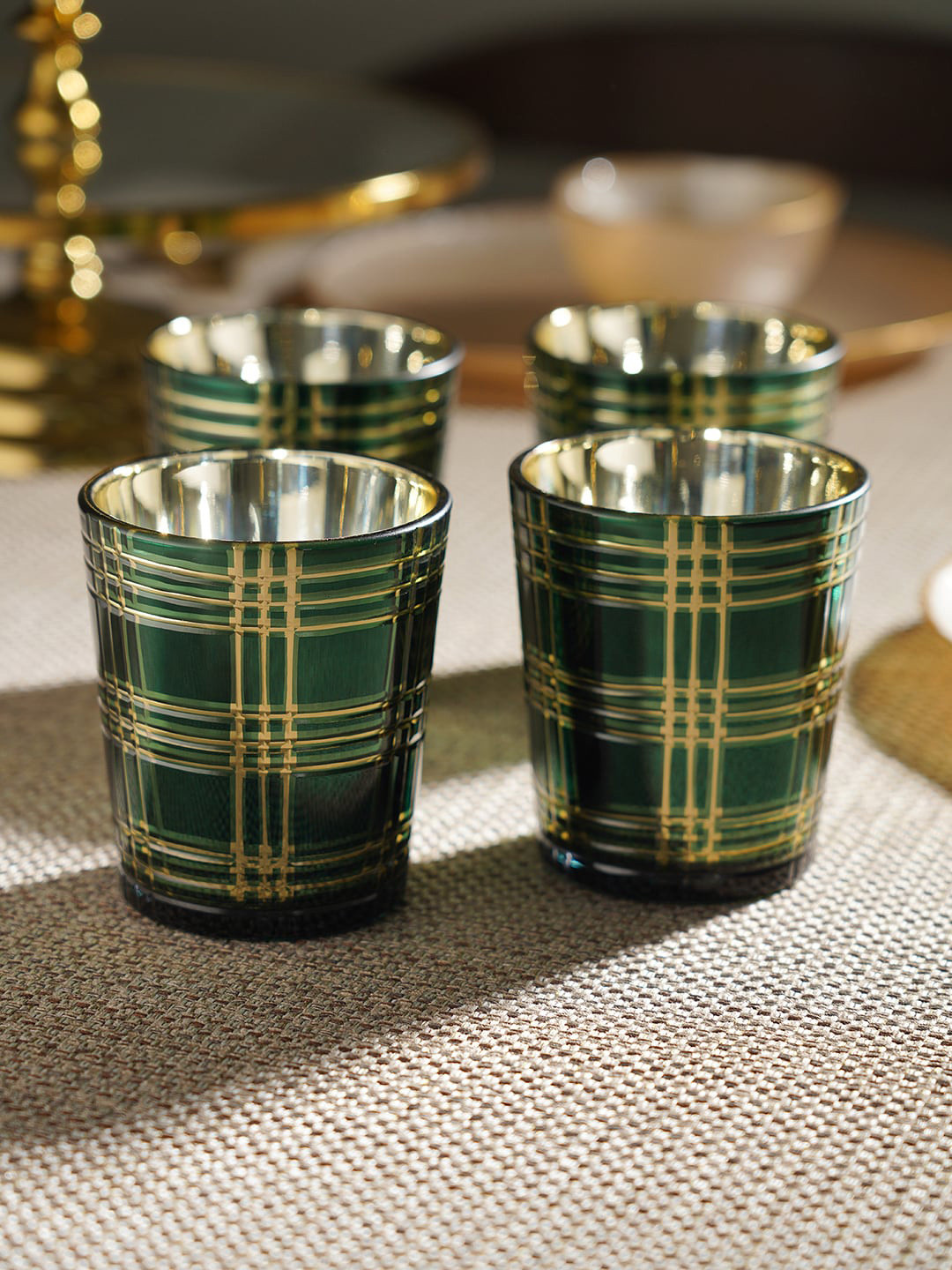 Pure Home and Living 4-Pcs Green & Golden Patterned Glass Candle Holders