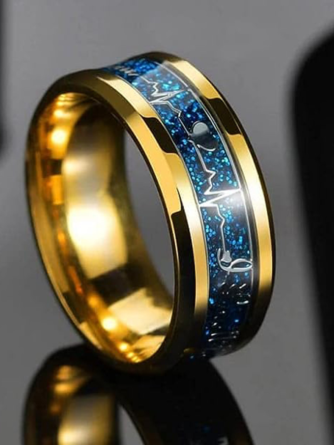 KRYSTALZ Unisex Gold-Plated Heart Beat Pattern Stainless Steel Band Ring