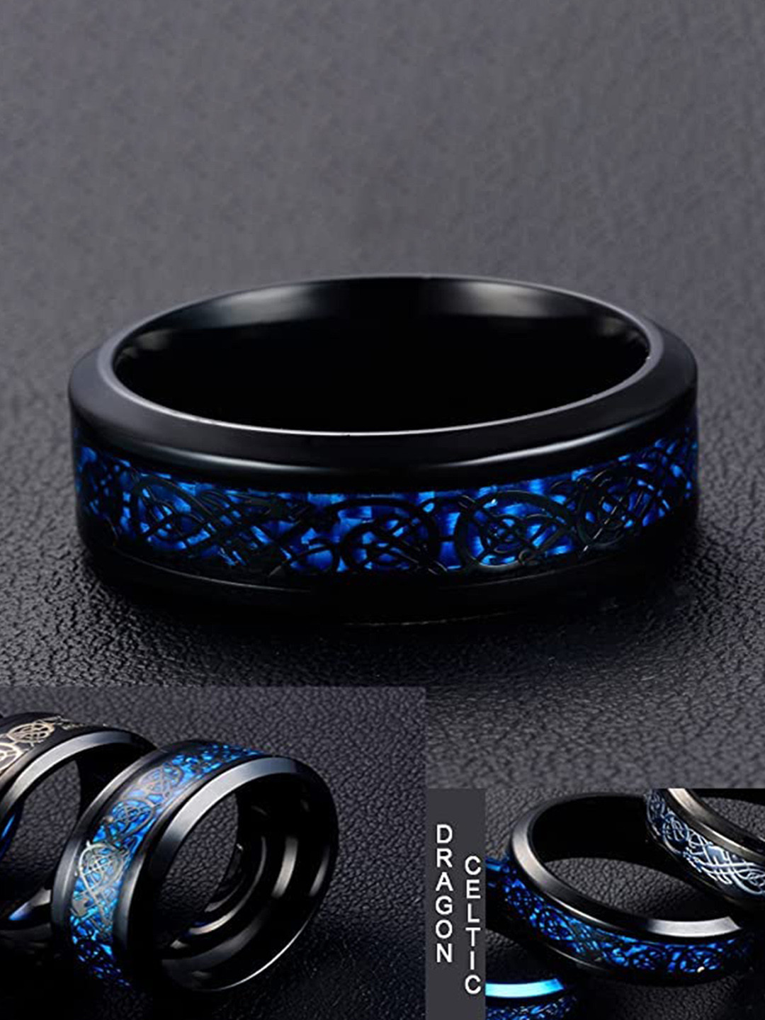 KRYSTALZ Unisex Set Of 2 Dragon-patterned Stainless Steel Band Rings