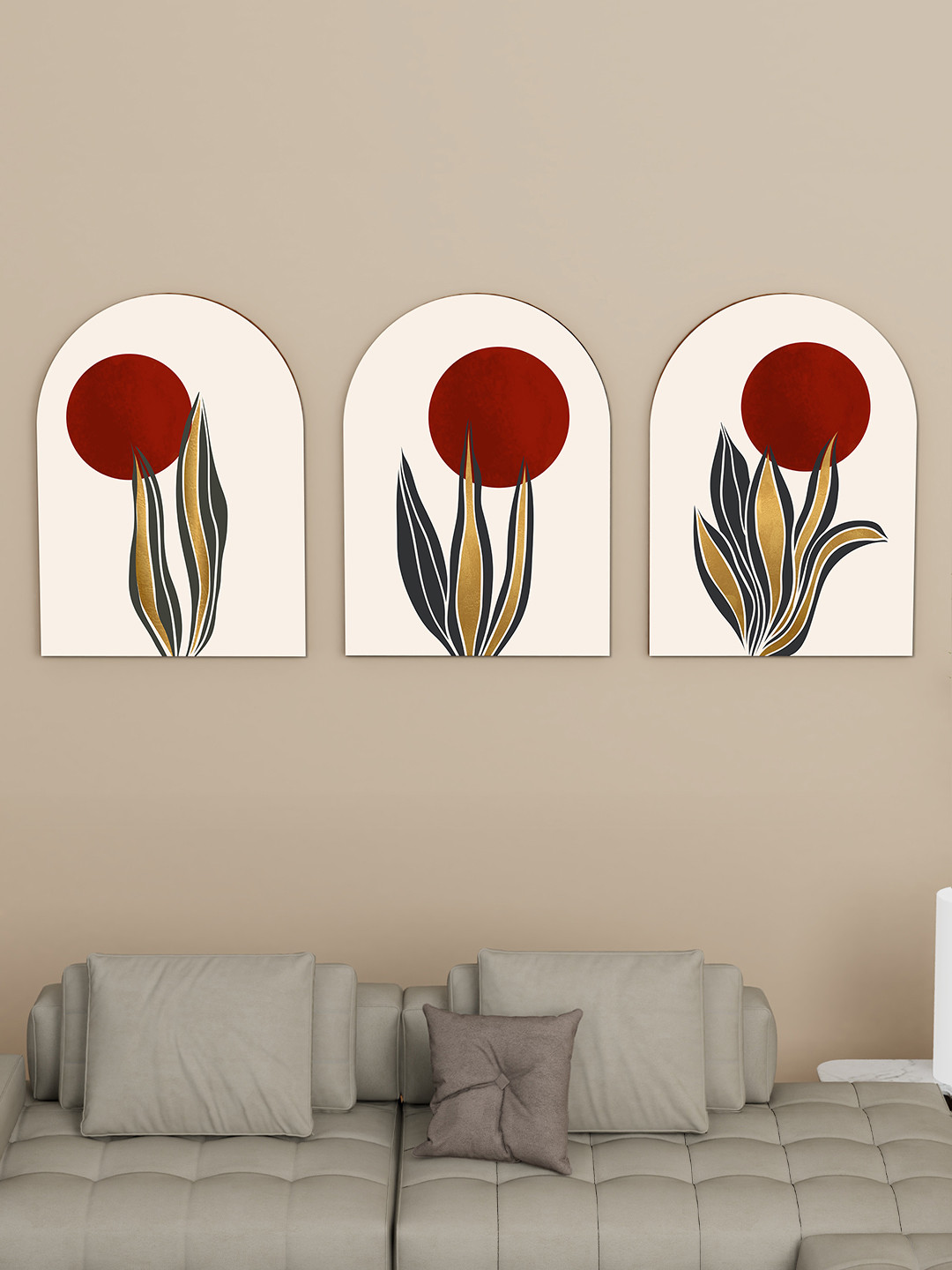 Art Street Red Moon On Leaf MDF 3 Piece Wall Rectangle Paintings Wall Art - 16 x 22 In