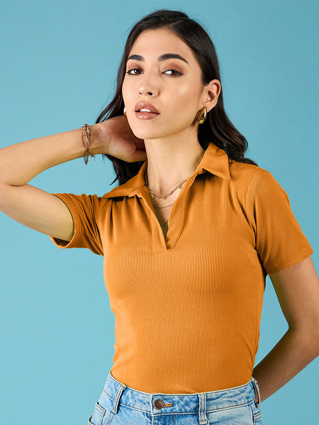 Fabflee Women Shirt Collar Fitted Crop Top