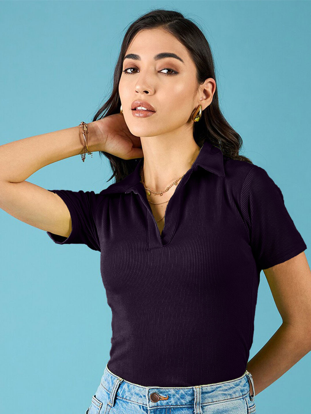 Fabflee Women Ribbed Collar V Neck Regular Fit Casual Wear Sleeve Fitted Crop Top