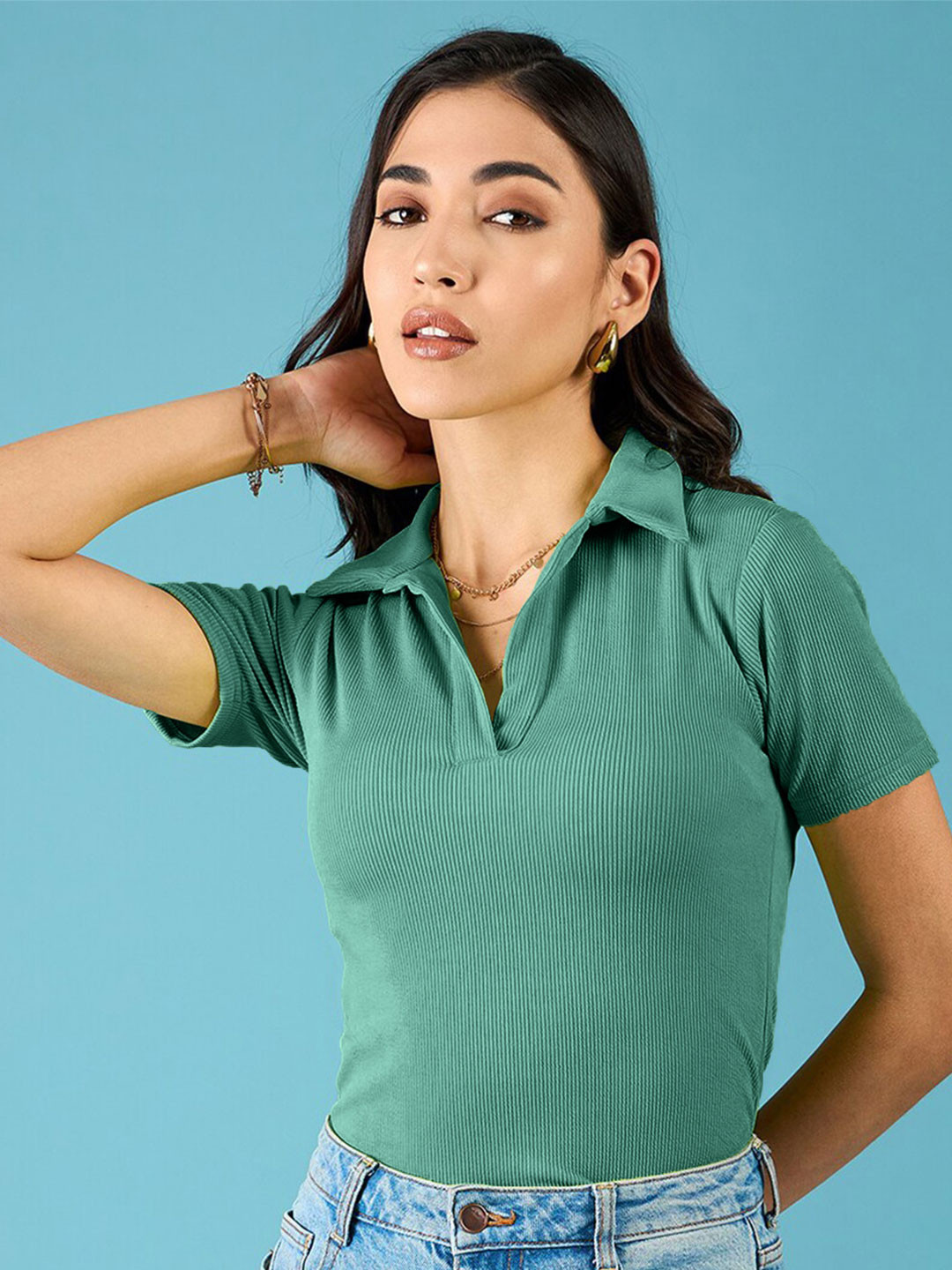 Fabflee Women Ribbed Collar V Neck Regular Fit Crop Top