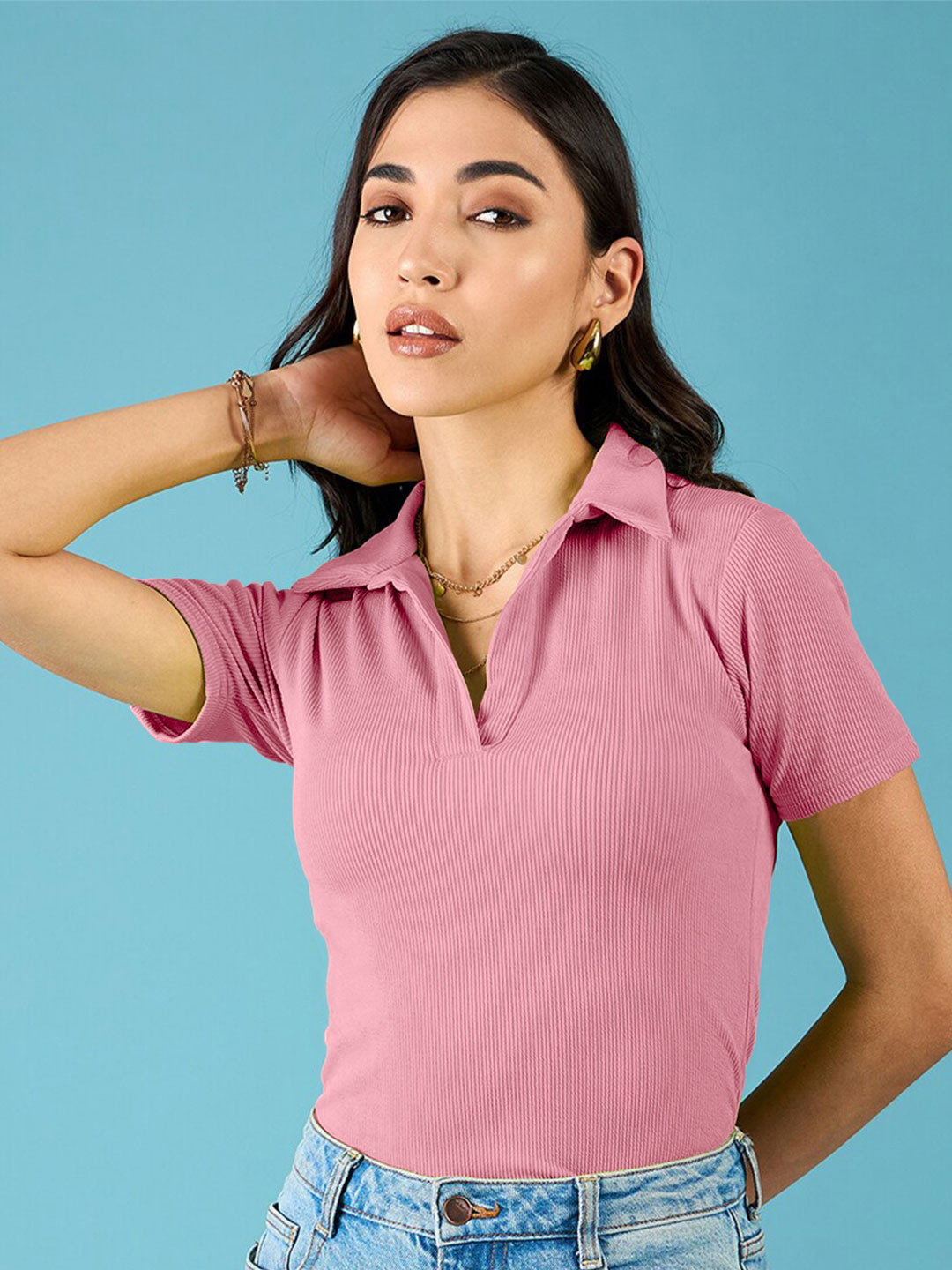 Fabflee Women Shirt Collar Fitted Crop Top