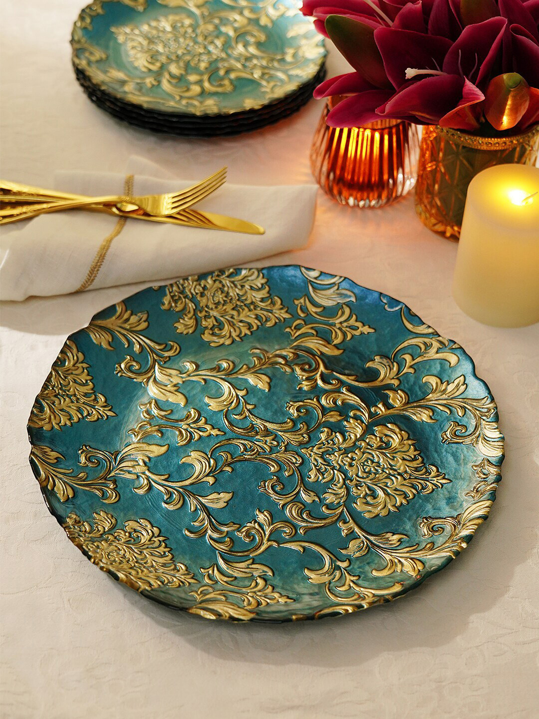 Pure Home and Living Blue & Beige 2-Pieces Printed Glass Matte Plates