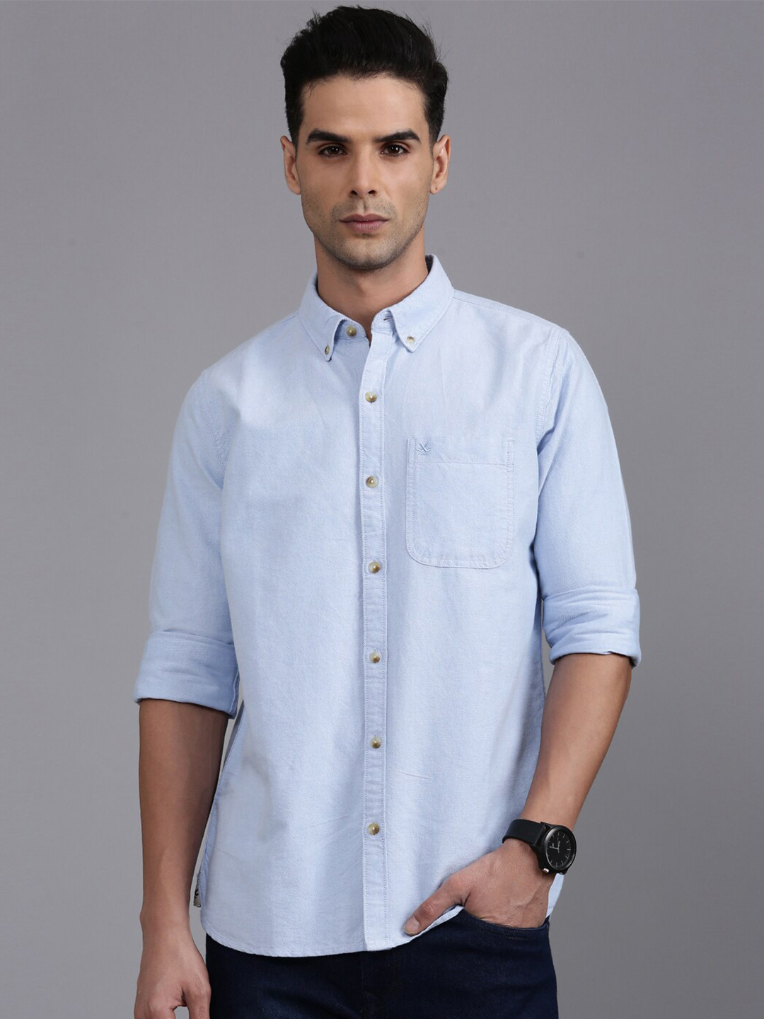 WROGN Custom Fit Button-Down Collar Denim Weave Cotton Casual Shirt