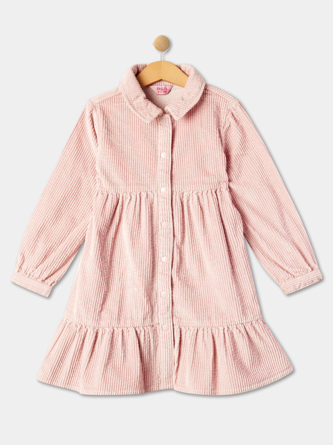 R&B Girls Self Design Shirt Collar Gathered Tiered Cotton Shirt Midi Dress
