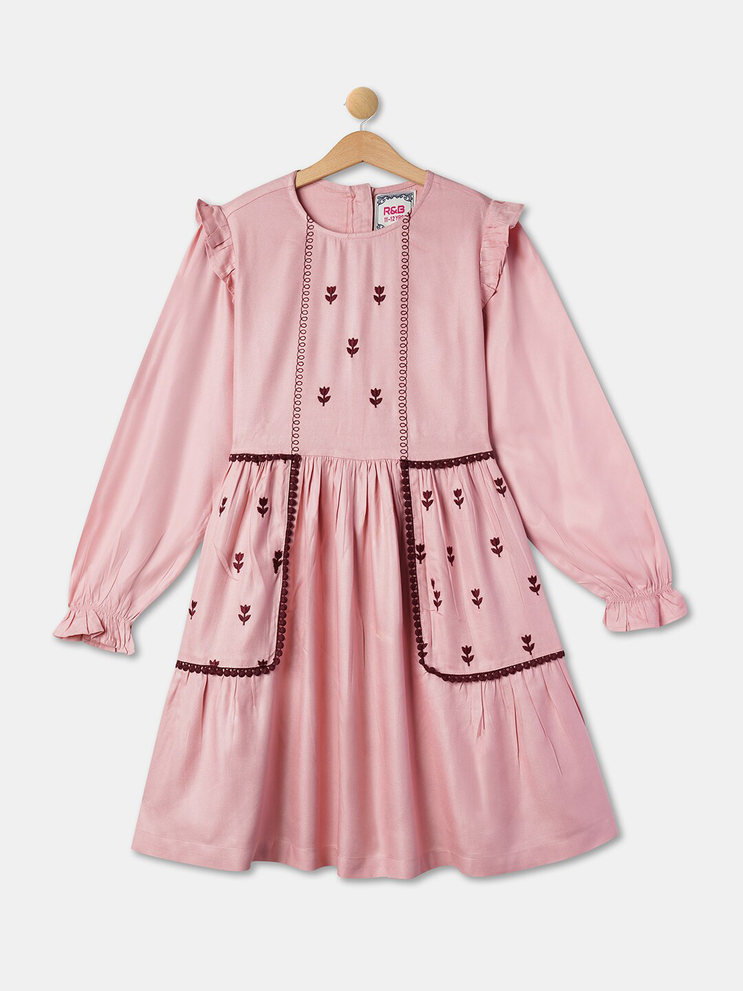 R&B Girls Floral Embroidered Puffed Sleeves Fit & Flare Dress