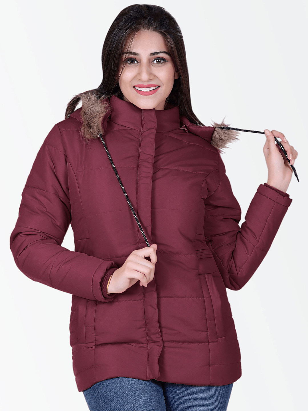 Brazo Women Hooded Lightweight Padded Jacket With Faux Fur Trim