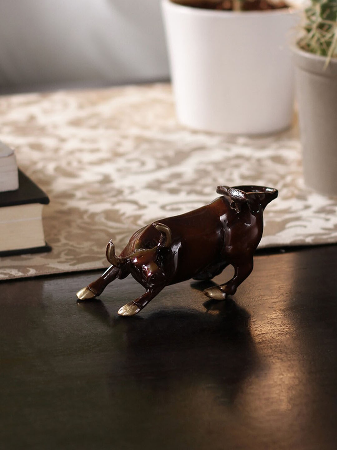 Two Moustaches Charging Bull Brown Brass Natural Living Room Small Showpiece - 2 Inches