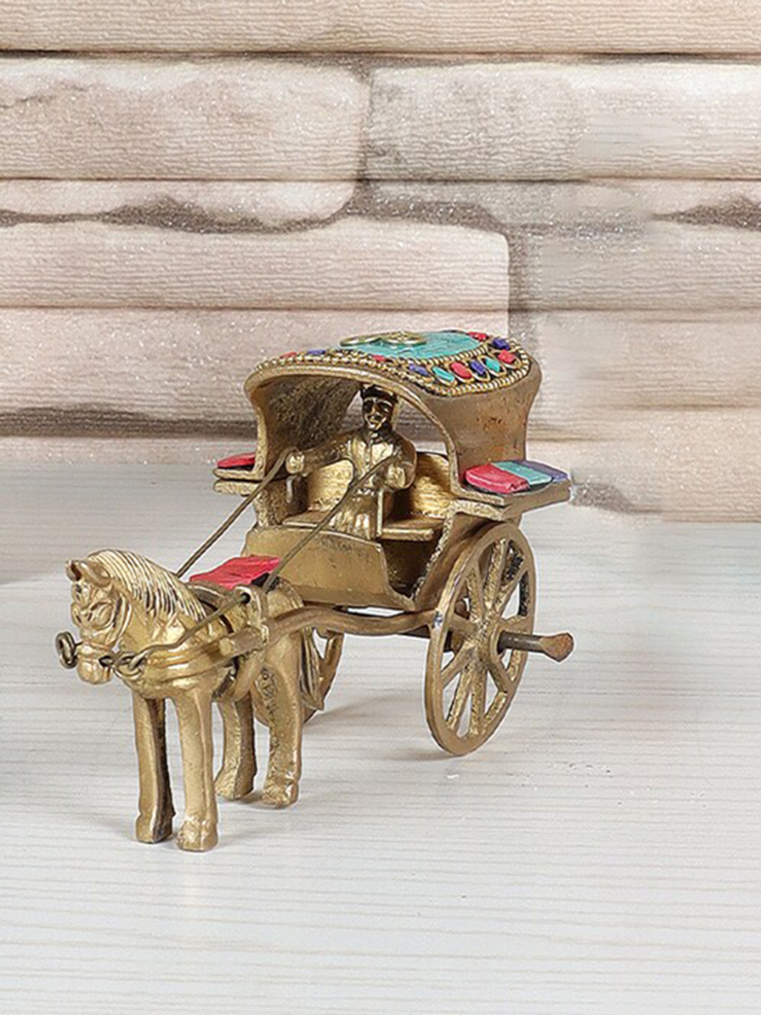 Two Moustaches Red And Green Gemstone Work Brass Horse Cart   Figurine Showpieces