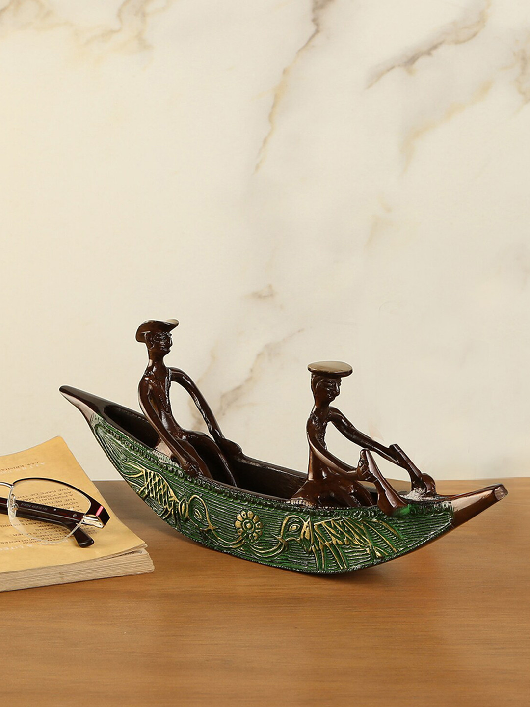 Two Moustaches Long Kerala Boat Green Brass Natural Living Room Medium Showpiece - 4.4 Inches