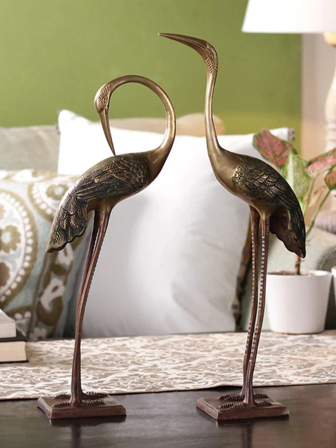 Two Moustaches Love Cranes Pair Gold Brass Metallic Garden Set of 2 Large Showpieces - 19.7 Inches