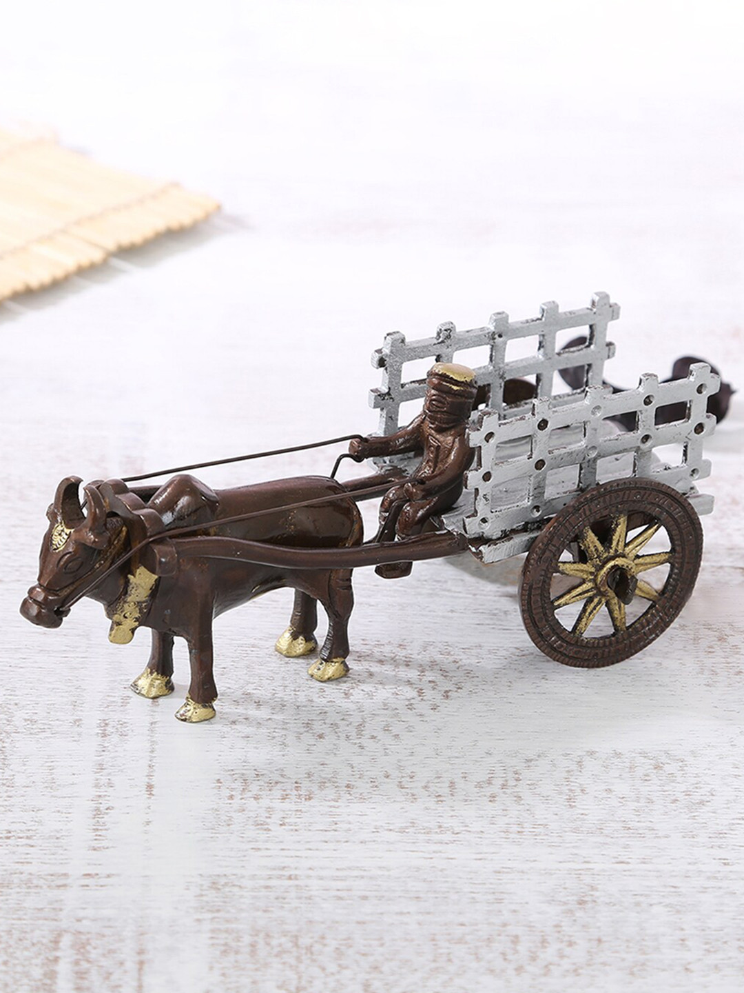 Two Moustaches Bullock Cart Brown Brass Metallic Living Room Small Showpiece - 3 Inches