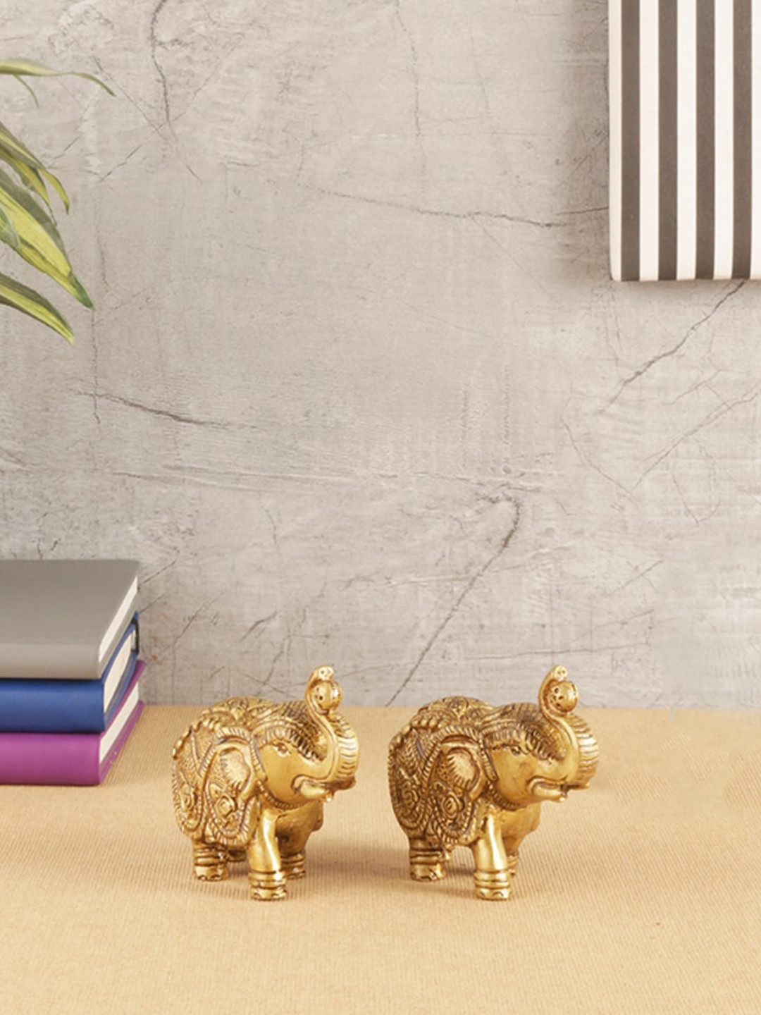 Two Moustaches Elephant Pair Yellow Brass Metallic Living Room Hand Made Set of 2 Tiny Showpieces - 2.6 Inches