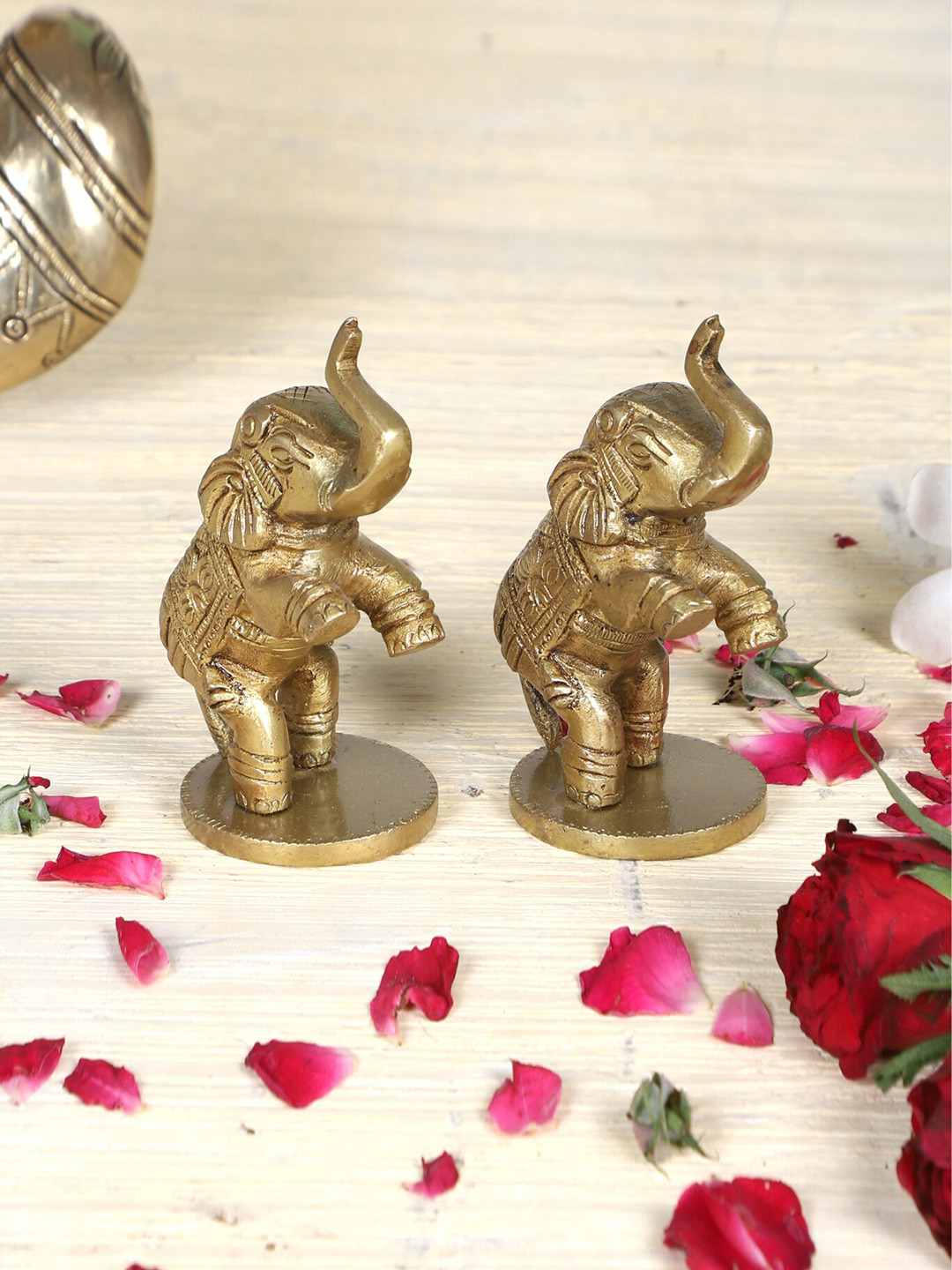 Two Moustaches Jumping Elephant Yellow Brass Metallic Living Room Set of 2 Medium Showpieces - 3.9 Inches