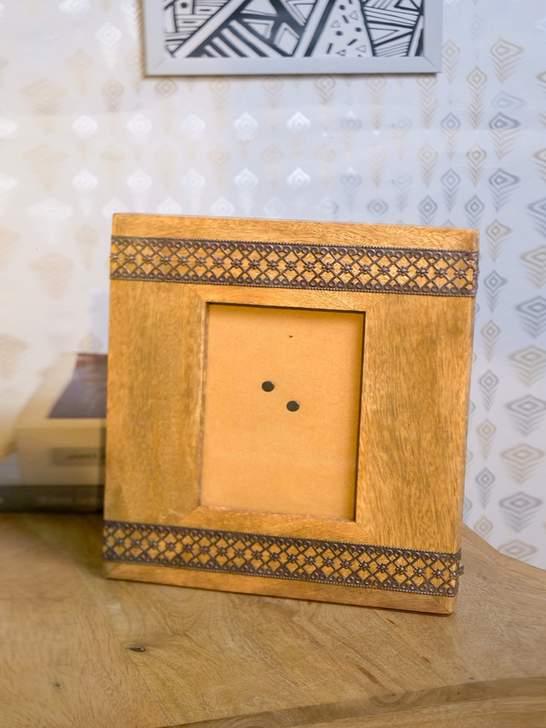 Two Moustaches Brown Wooden Photo Frame With Metal Carving