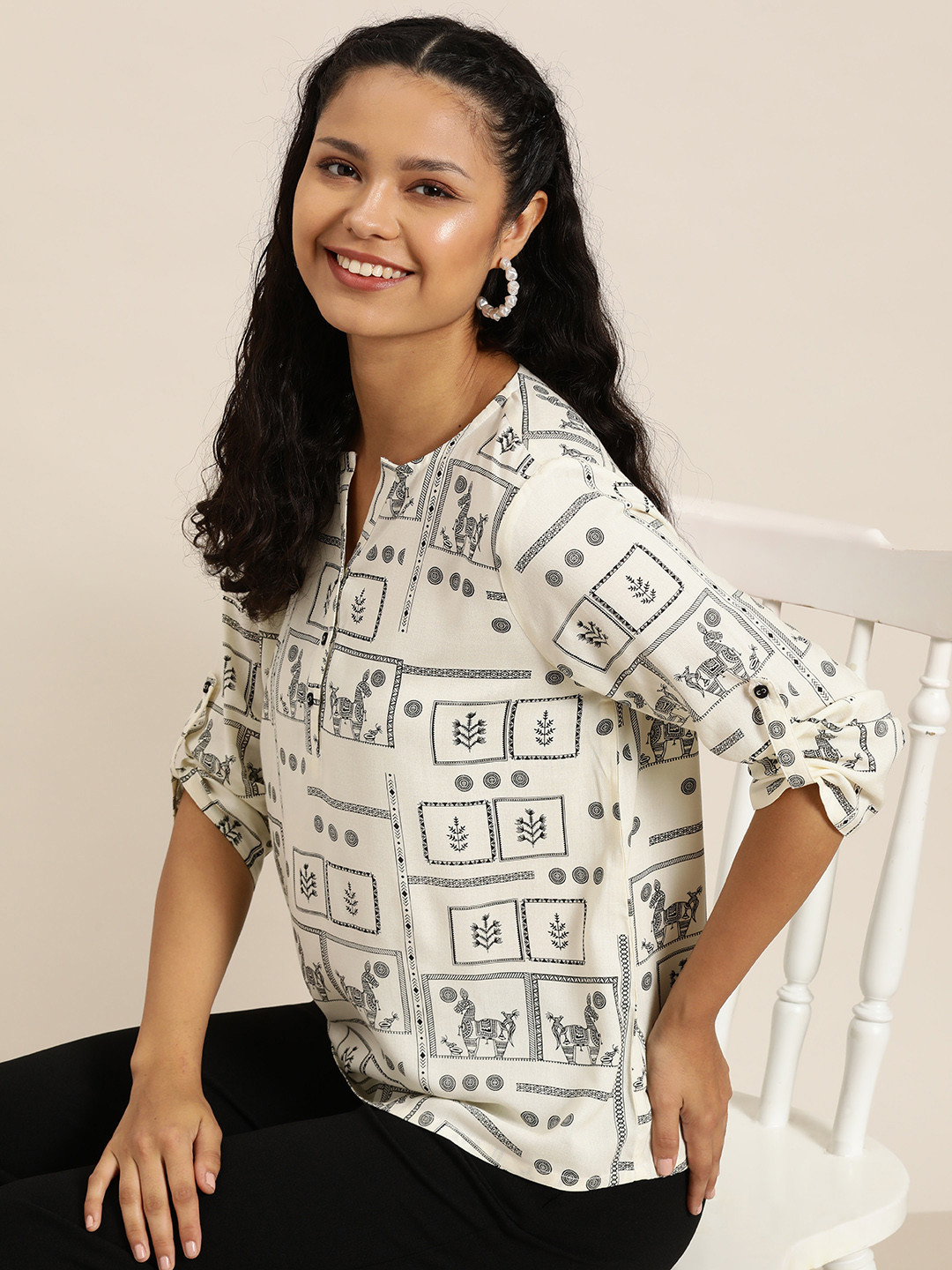 HERE&NOW Ethnic Motifs Printed Mandarin Collar Bohemian Top