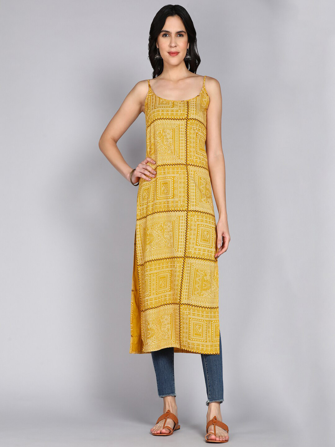 ftDiva Shoulder Strapped Tribal Printed Straight Kurta
