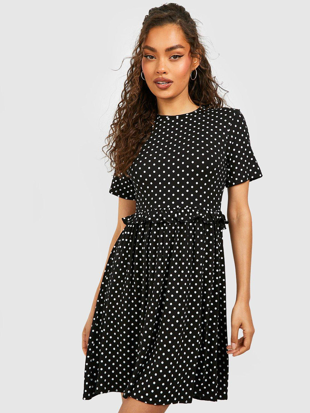 Boohoo Polka Dot Print Ruffled A-Line Dress