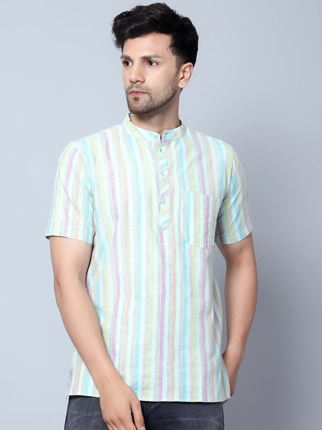 Latest Chikan Garments Striped Mandarin Collar Short Sleeve Straight Kurta