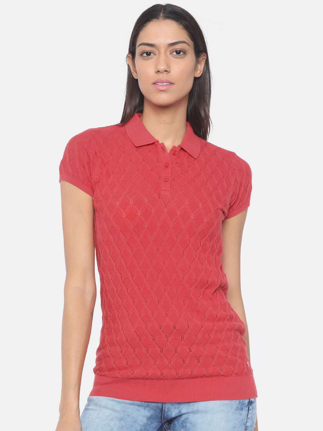 U.S. Polo Assn. Women Women Red Self-Design Pure Cotton Top