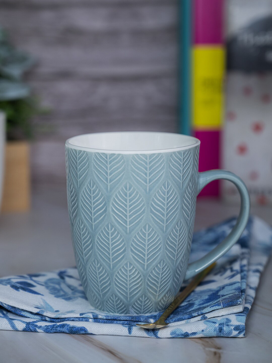 MARKET99 Blue Leaf Ceramic Microwave Safe Mug-360ml