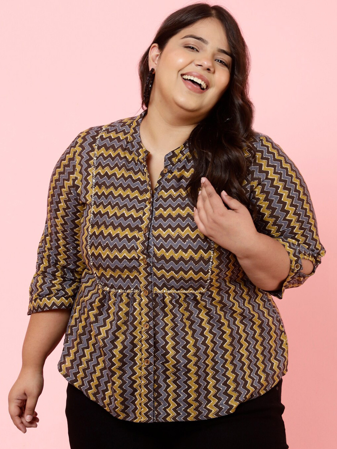 Jaipur Kurti Plus Size Geometric Print Mandarin Collar Cotton Top
