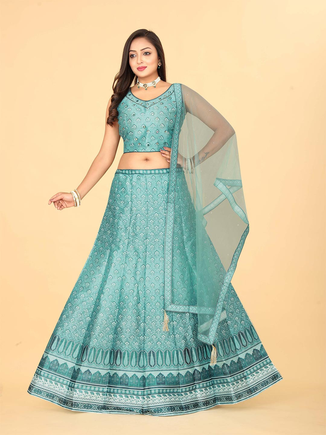 EthnicTree Sea Floral Printed Beads and Stones Ready to Wear Lehenga & Blouse With Dupatta