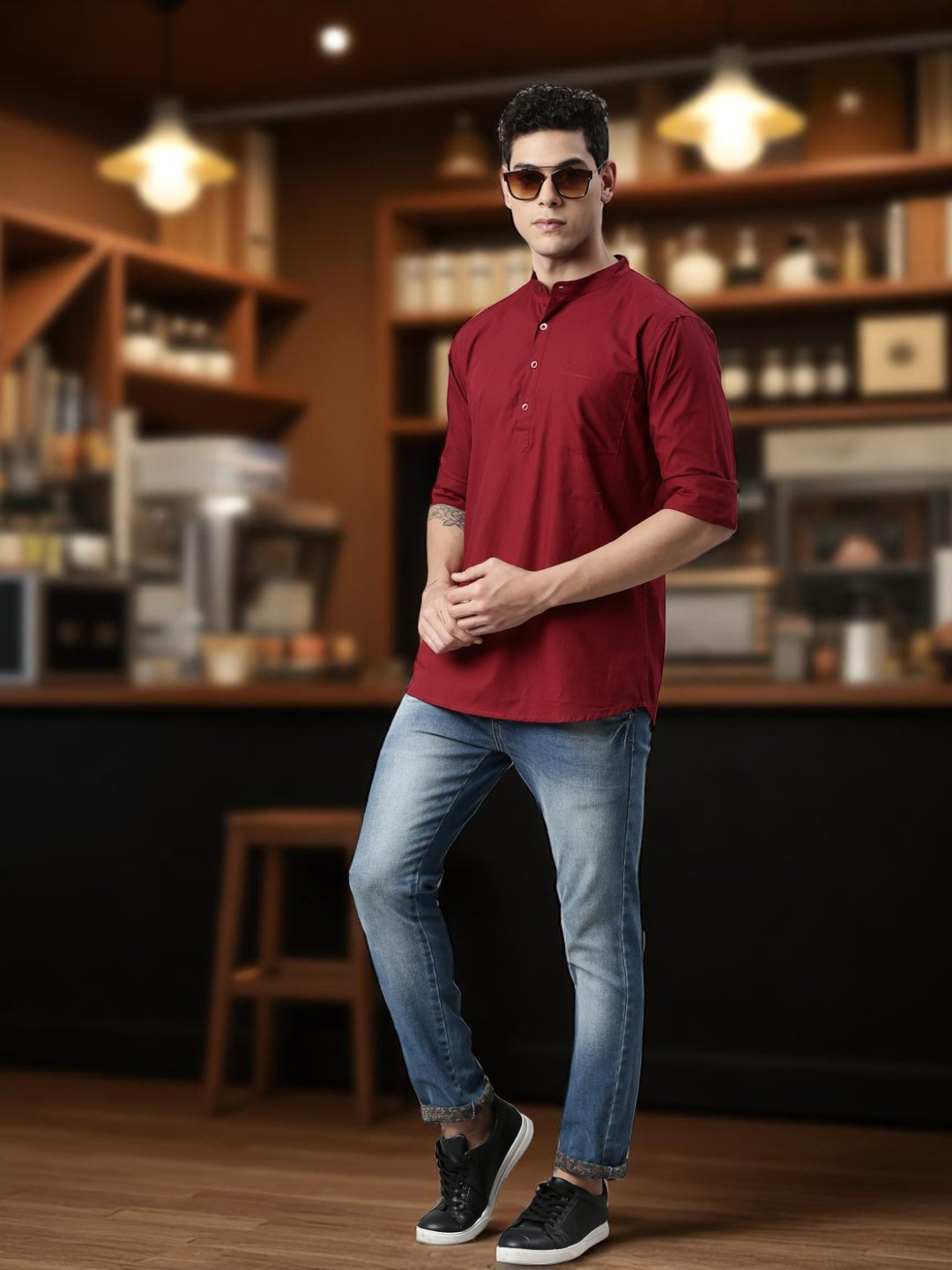 THE SOUL PATROL Band Collar Pure Cotton Short Kurta