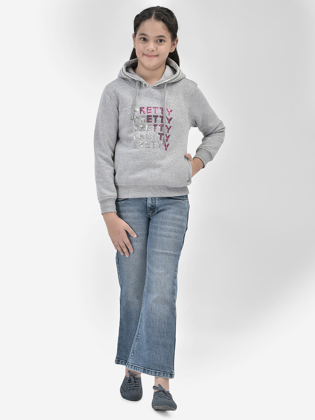 Crimsoune Club Girls Embelished Sequined Hooded Cotton Pullover