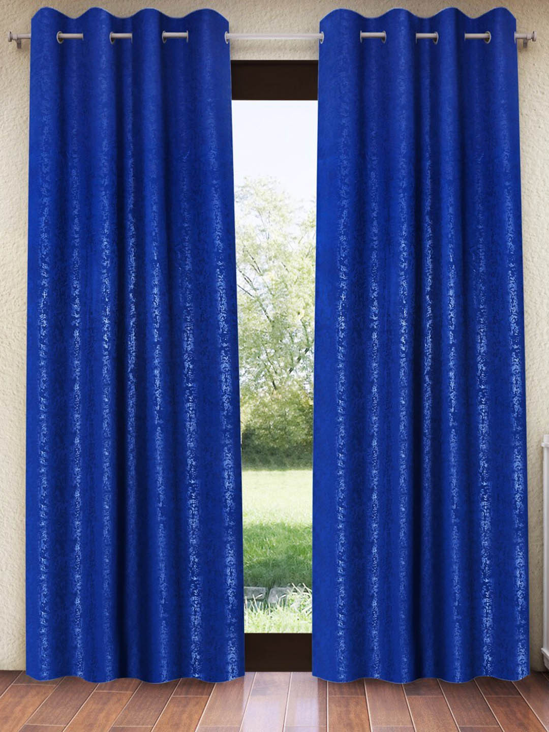 Home Sizzler Blue 2 Pieces Self Design Black Out Door Curtains
