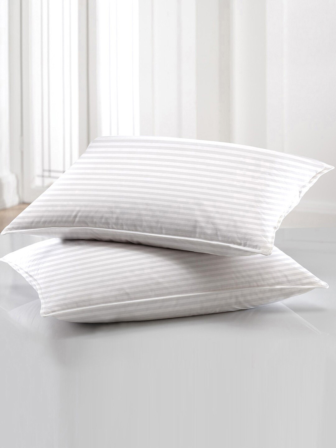 Story@home White Striped Polyester Set of 2 Medium Fibre Sleep Pillow-40 x 60 x 10 cm