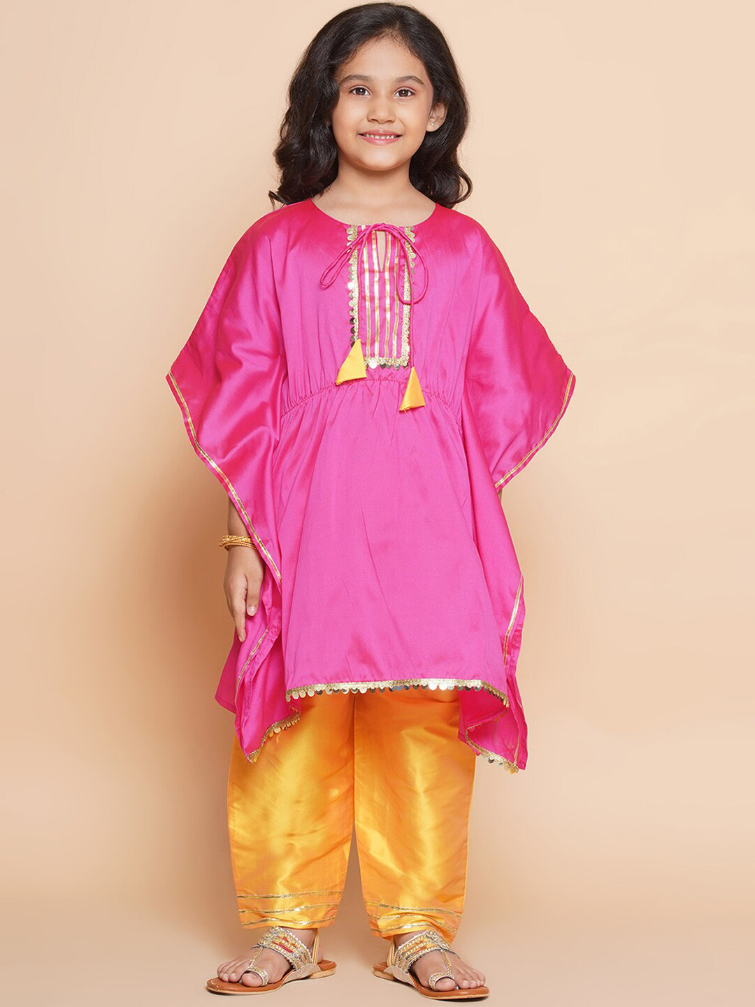 Modish Couture Girls Tie-Up Neck Flared Sleeves Gotta Patti Kaftan Kurta With Trousers