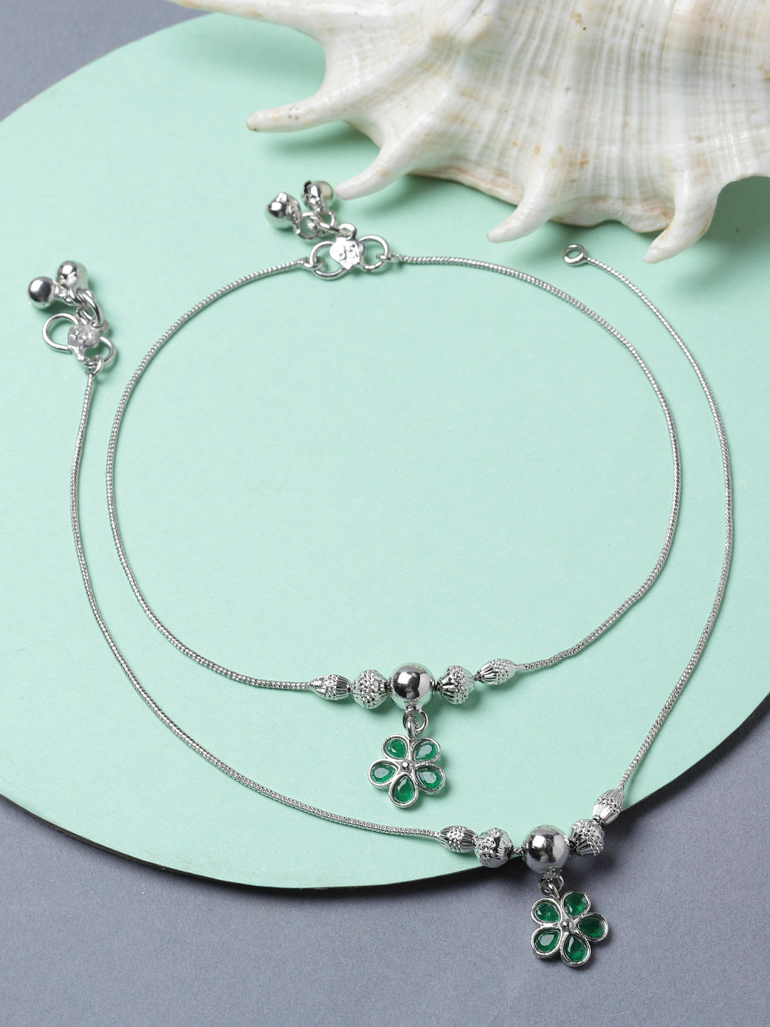 ZENEME Set Of 2 Rhodium-Plated Artificial Stone Studded Floral Charm Anklets