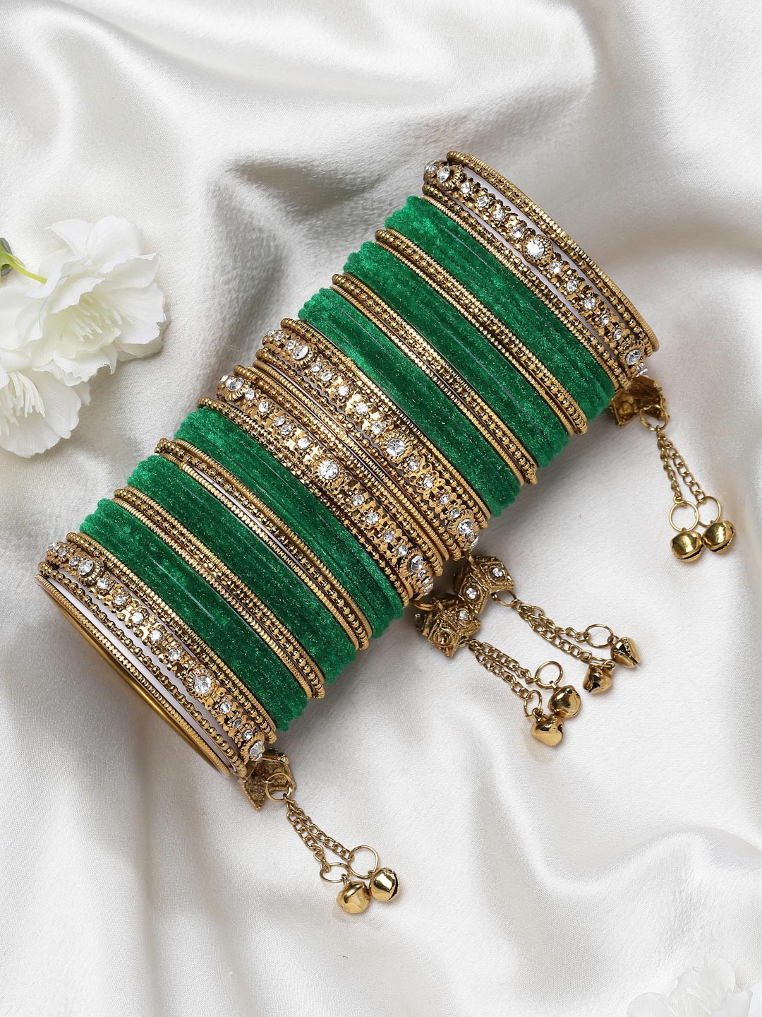 ZENEME Set Of 56 Gold-plated Matte Finish Velvet AD Studded Gold Pearl Tasselled Bangles