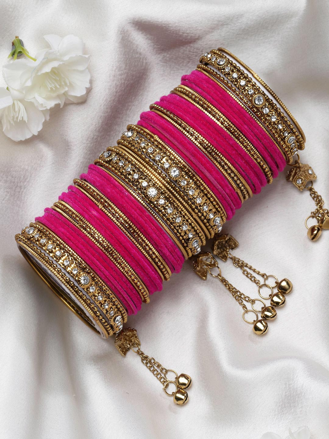 ZENEME Set Of 56 Gold-Plated Matte Finish Velvet AD-studded Tasselled Bangles