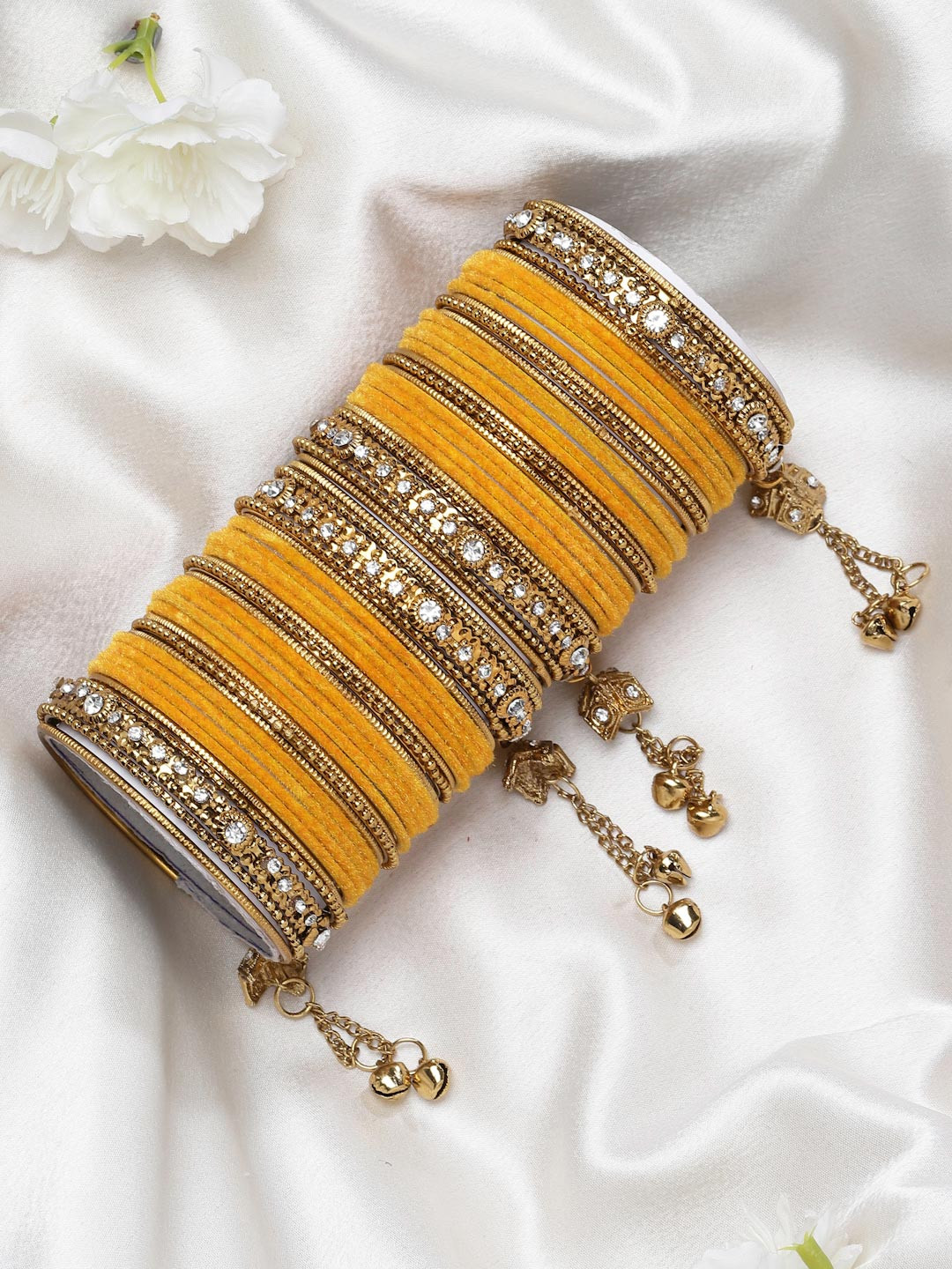 ZENEME Set Of 56 Gold-Plated Matte Finish Velvet AD-Studded Gold Pearl Tasselled Bangles