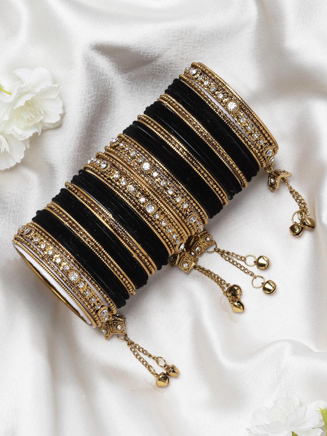 ZENEME Set Of 56 Gold-Plated Matte Finish Velvet AD-Studded Gold Pearl Tasselled Bangles