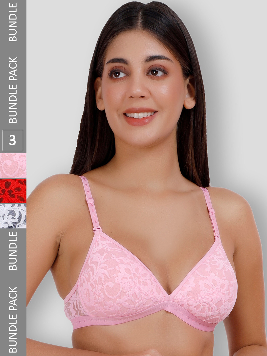 SELFCARE Pack Of 3 Net Embroided Half Coverage Plunge Bra With Adjustable Straps