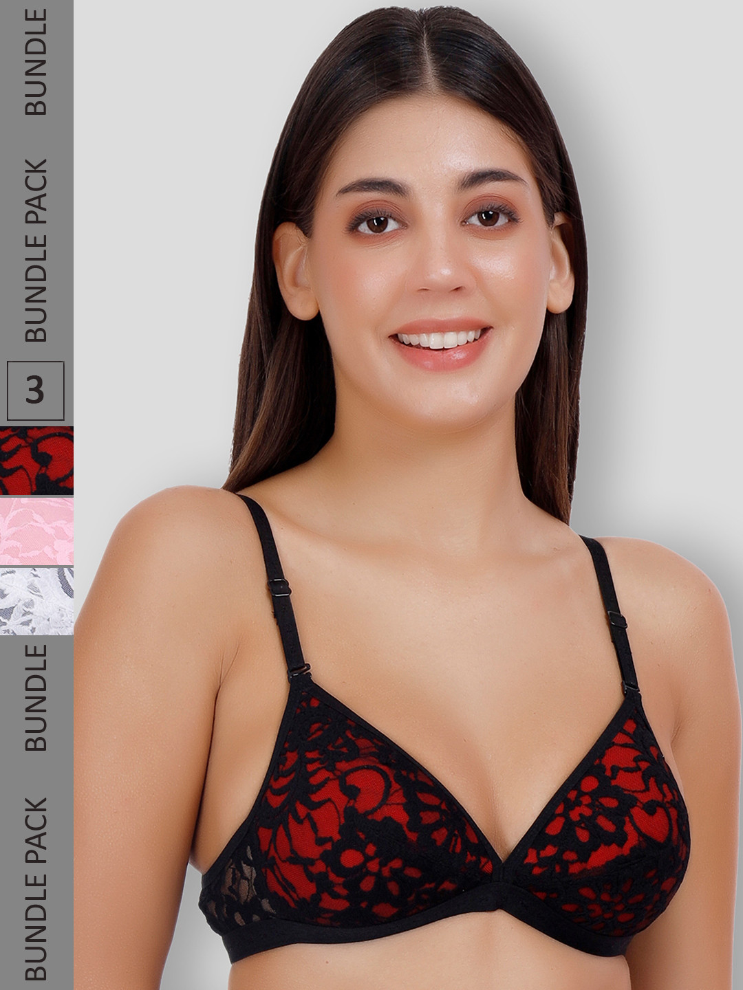 SELFCARE Pack Of 3 Net Embroided Half Coverage Plunge Bra With Adjustable Straps