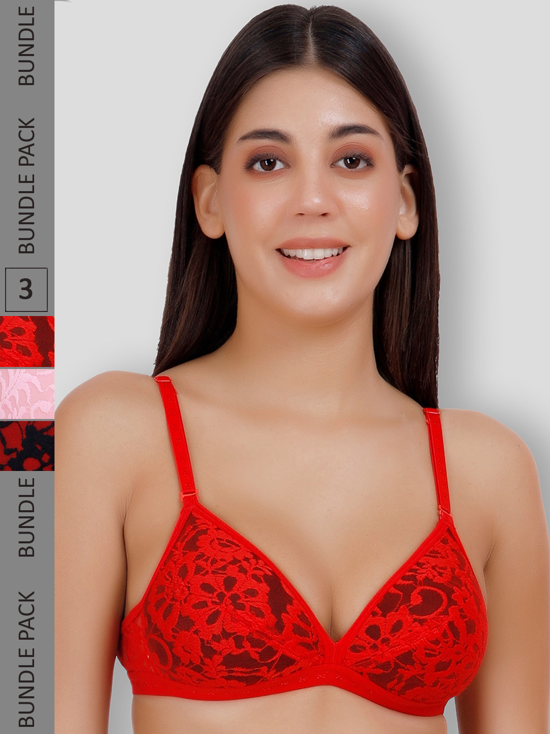 SELFCARE Pack of 3 Net Embroided Half Coverage Plunge Bra With Adjustable Straps