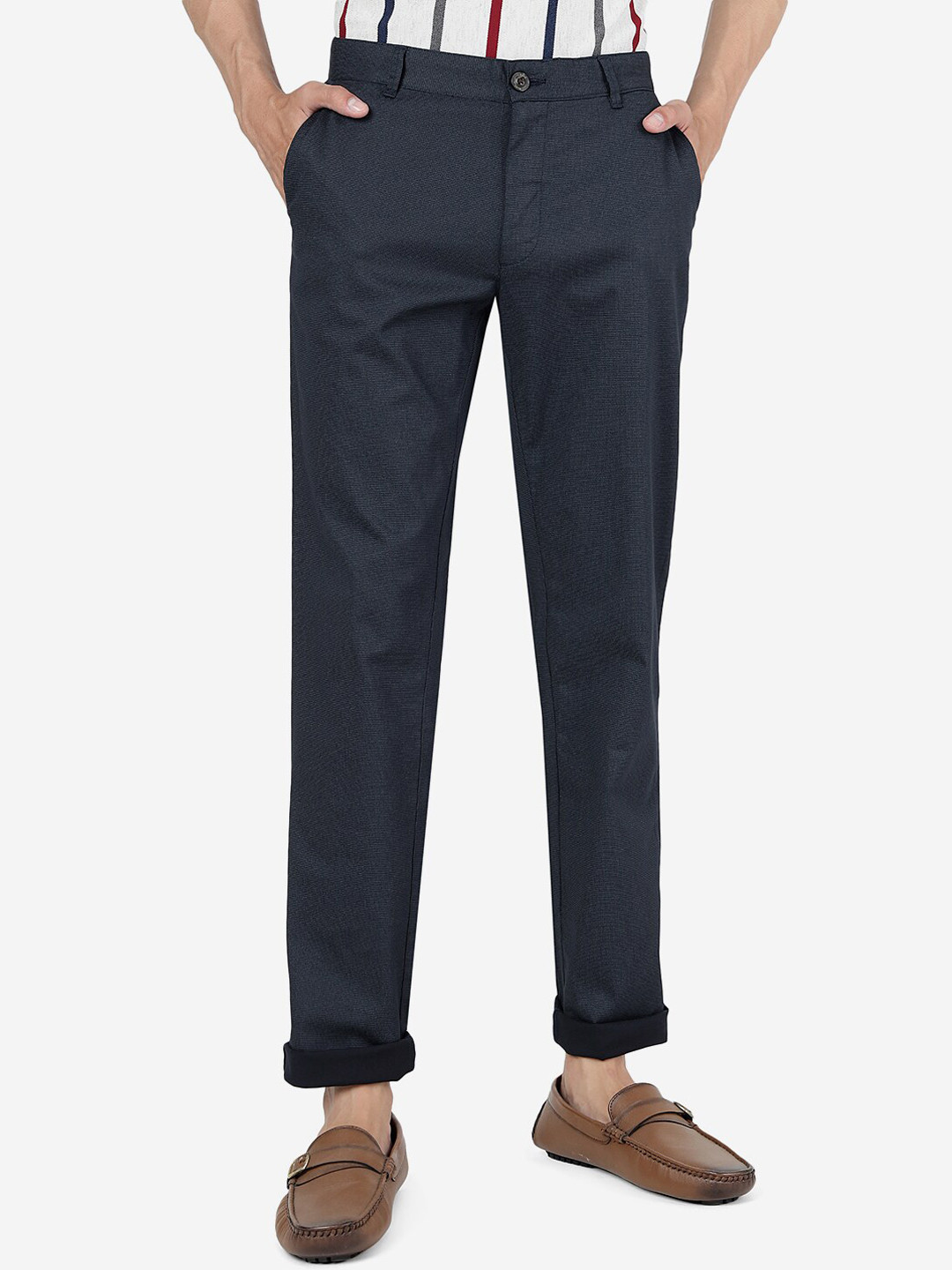 JADE BLUE Men Mid Rise Plain Self Design Pure Cotton Slim Fit Trousers