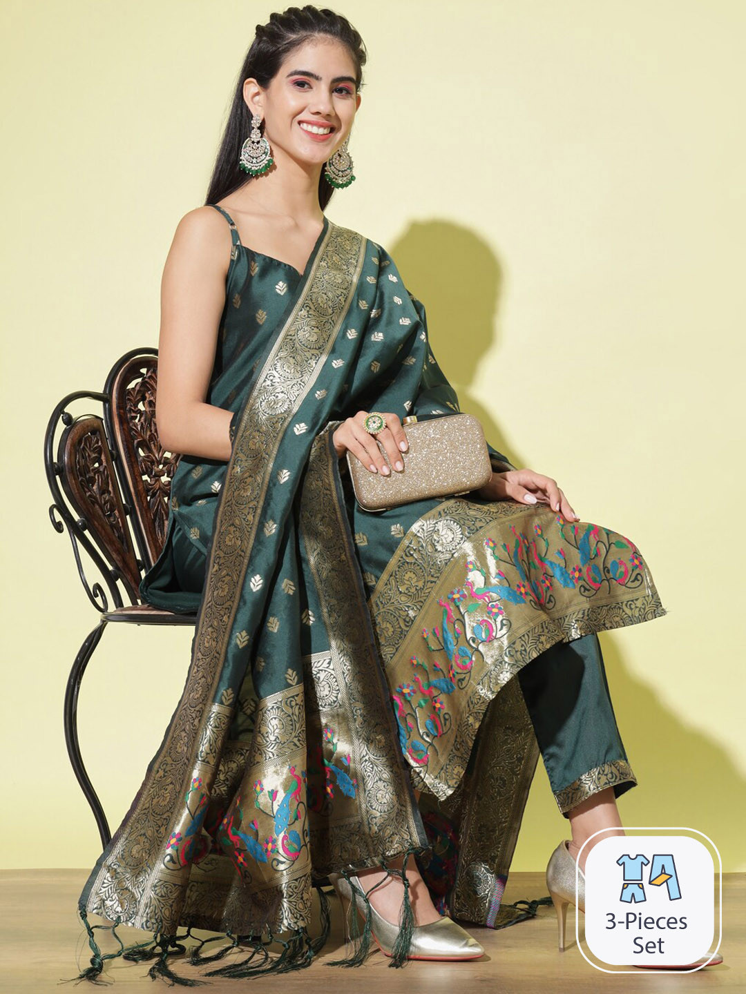 PPTOSS Ethnic Motifs Woven Design Zari Regular Banarasi Kurta with Trousers & Dupatta
