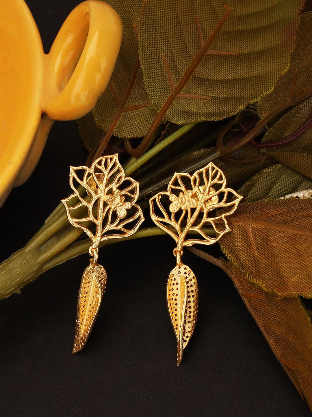 CELEBRAVO Brass-Plated Floral Drop Earrings