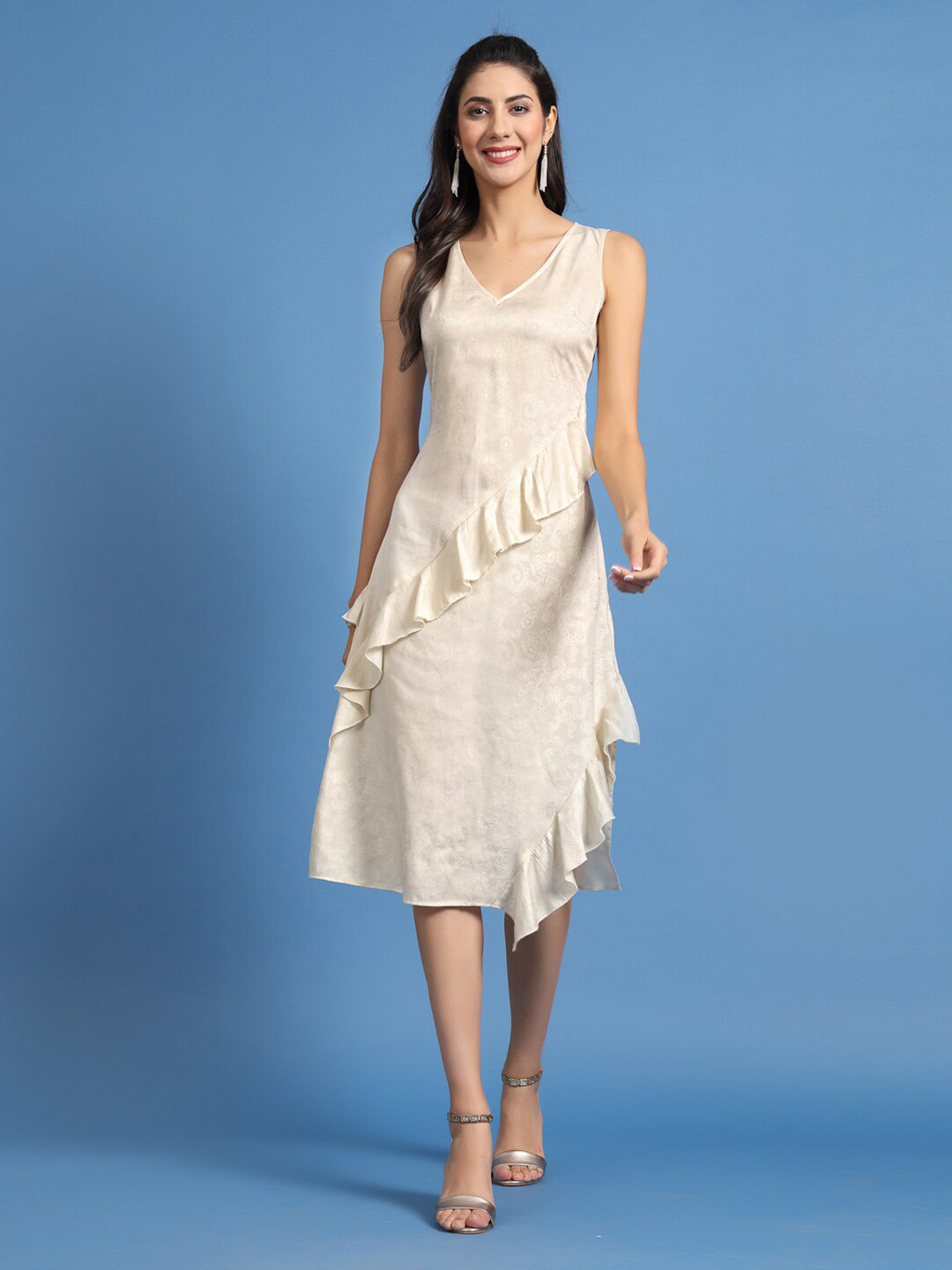 KASSUALLY Beige Self Design Ruffled Jacquard Sheath Dress