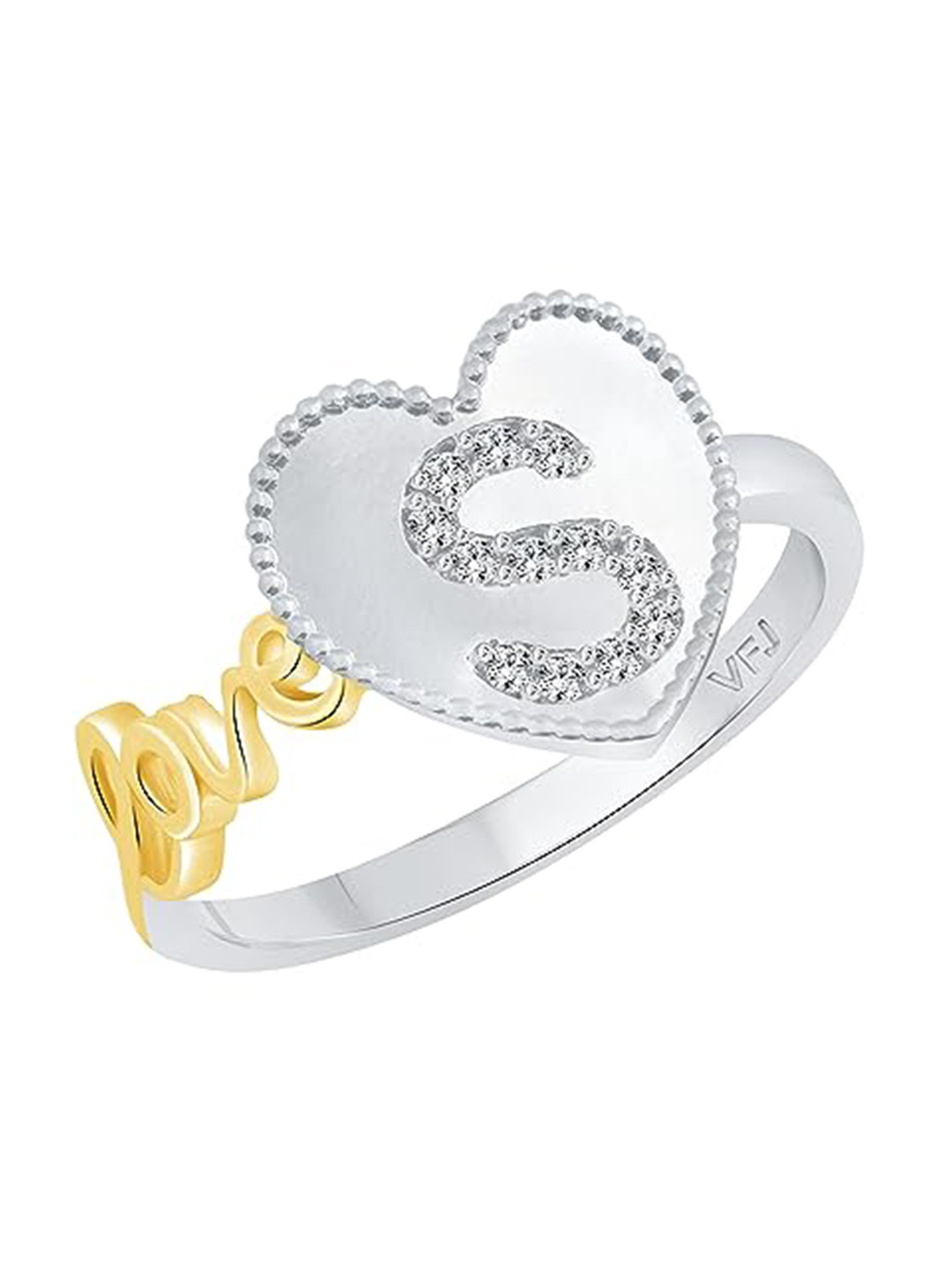Vighnaharta Rhodium-Plated S Alphabet in Heart CZ-Studded Ring