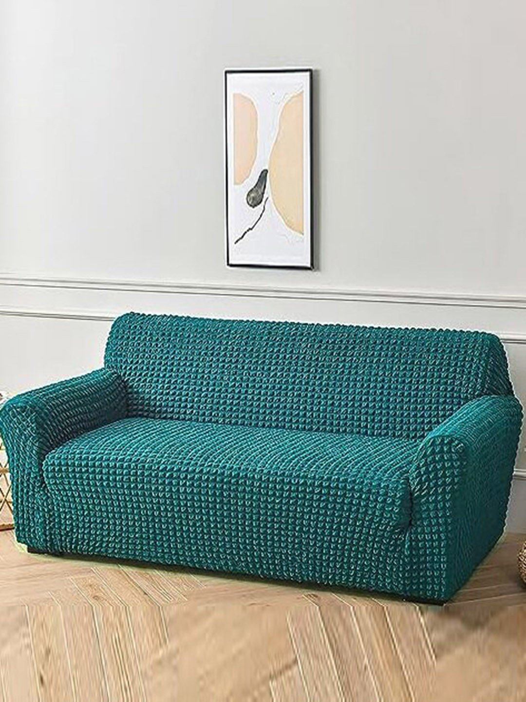 HOUSE OF QUIRK Teal Self-Design Bubble 3 Seater Sofa Cover