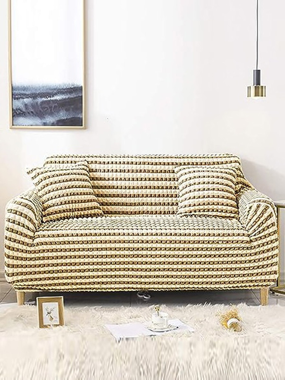 HOUSE OF QUIRK Beige & Brown Self-Design Bubble Sofa Cover